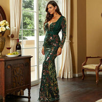 Wedding Vneck LongSleeved Sequined Banquet Sheath Fishtail Dress - Modestly Vogue 