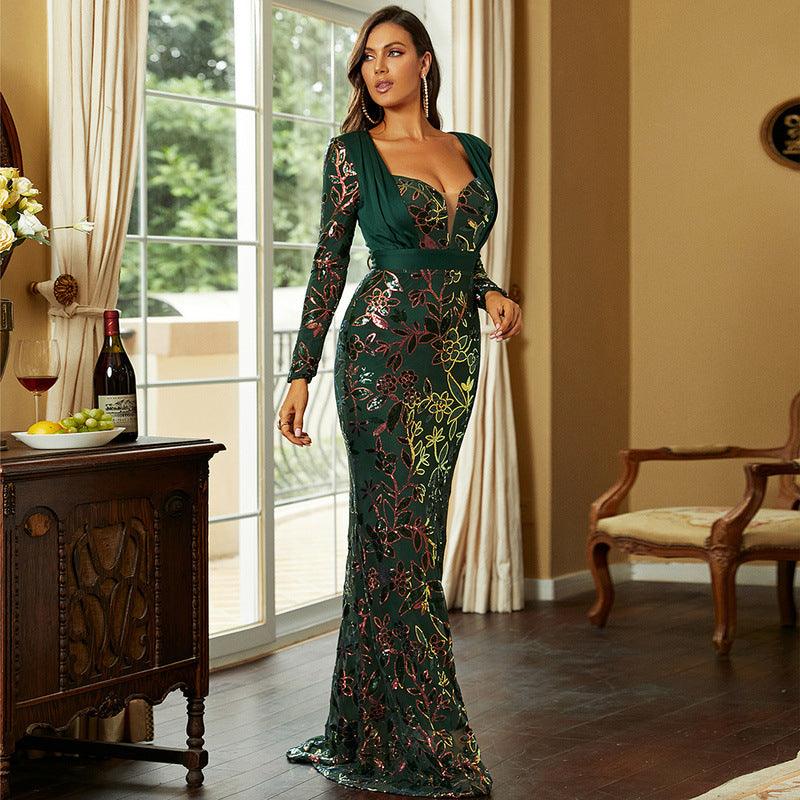 Wedding Vneck LongSleeved Sequined Banquet Sheath Fishtail Dress - Modestly Vogue 