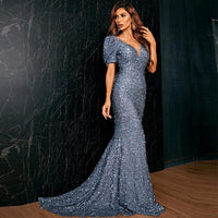 Wedding V neck Short Sleeve Sequined Fishtail Cocktail Small Split Dress - Modestly Vogue 