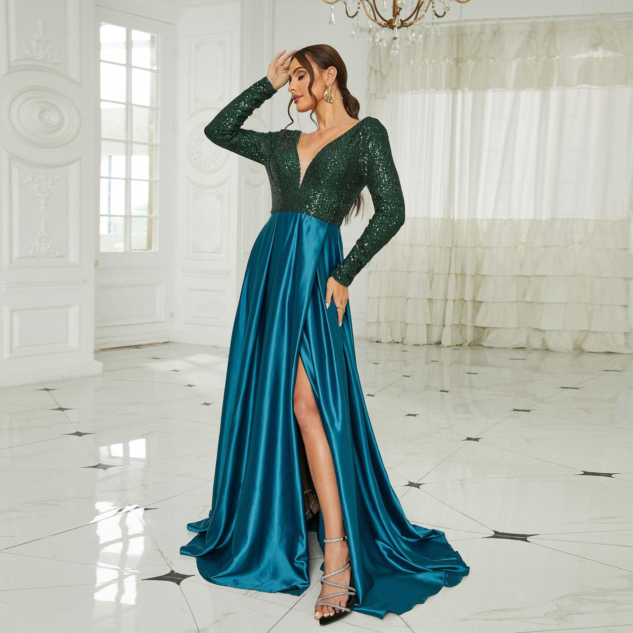 Long Sleeve Long Sequin Stitching Deep V Plunge Neckline Bridesmaid Dress - Modestly Vogue 