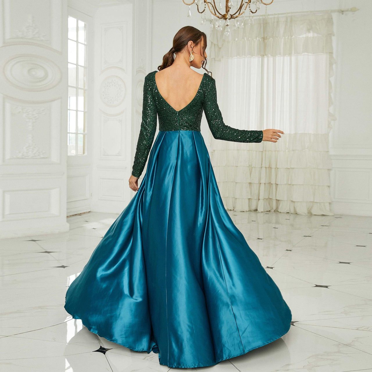 Long Sleeve Long Sequin Stitching Deep V Plunge Neckline Bridesmaid Dress - Modestly Vogue 