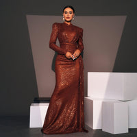 Long Sleeve Crew Neck Slim Long Sequined Cocktail Bridesmaid Dress - Modestly Vogue 