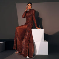 Long Sleeve Crew Neck Slim Long Sequined Cocktail Bridesmaid Dress - Modestly Vogue 