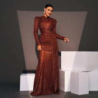 Long Sleeve Crew Neck Slim Long Sequined Cocktail Bridesmaid Dress - Modestly Vogue 