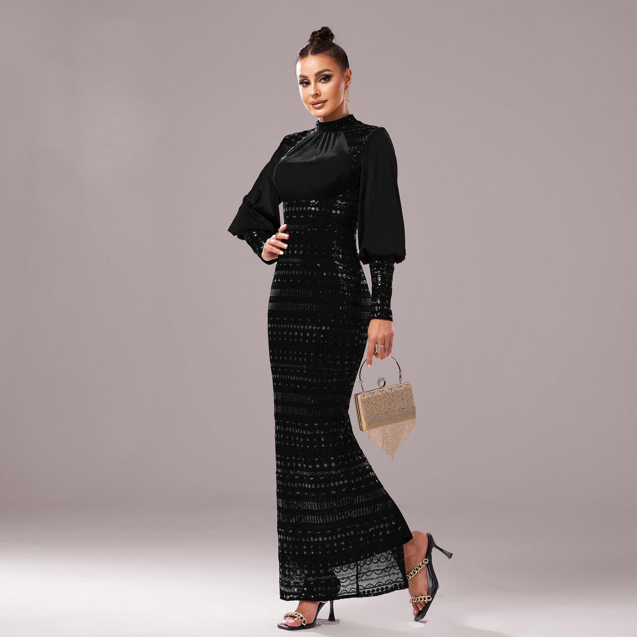 Long Sleeved Round Neck Cocktail Sequined Split Gown - Modestly Vogue 