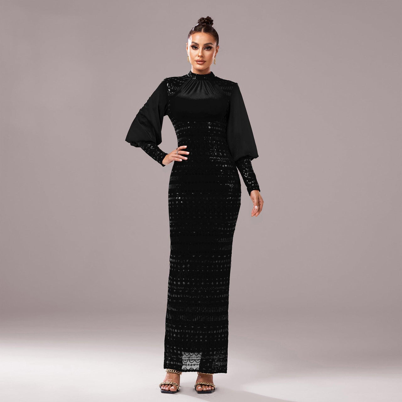 Long Sleeved Round Neck Cocktail Sequined Split Gown - Modestly Vogue 