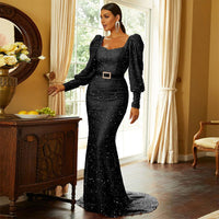 High Waist Long Sleeves Sequined Dress - Modestly Vogue 