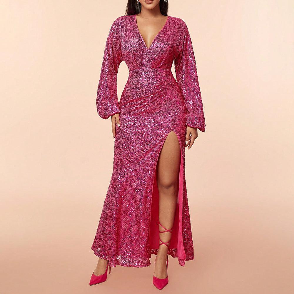 Sequined Deep V Plunge Split Long Sleeve Maxi Gown Dress - Modestly Vogue 