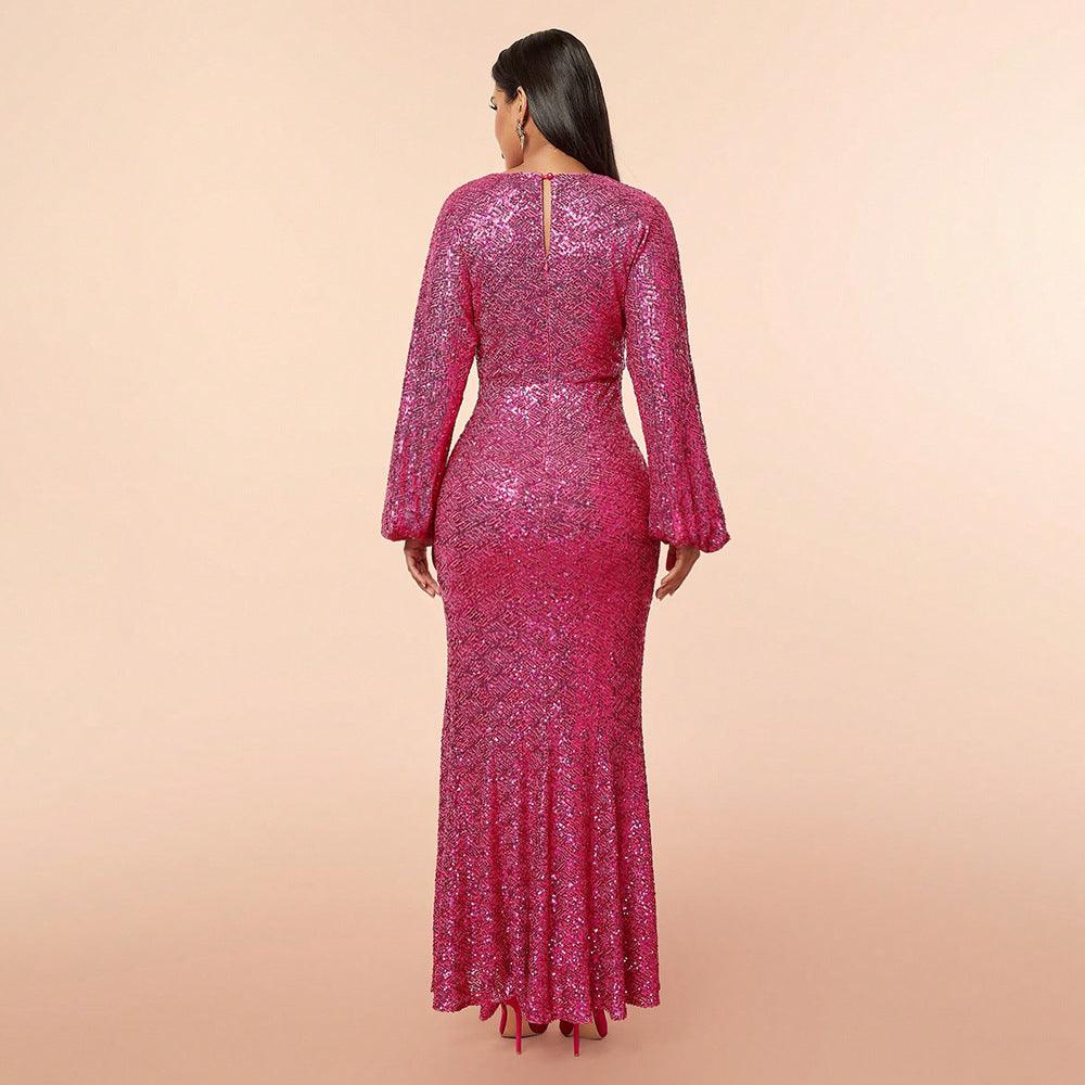 Sequined Deep V Plunge Split Long Sleeve Maxi Gown Dress - Modestly Vogue 