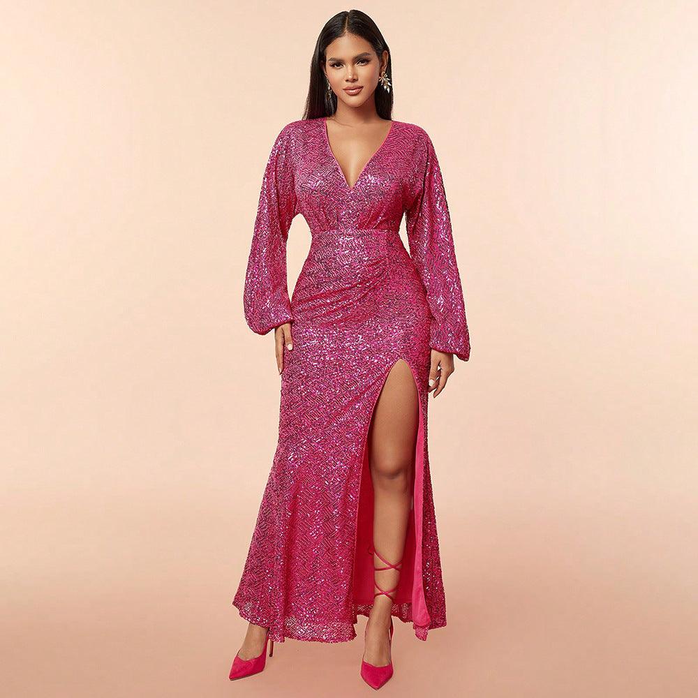 Sequined Deep V Plunge Split Long Sleeve Maxi Gown Dress - Modestly Vogue 