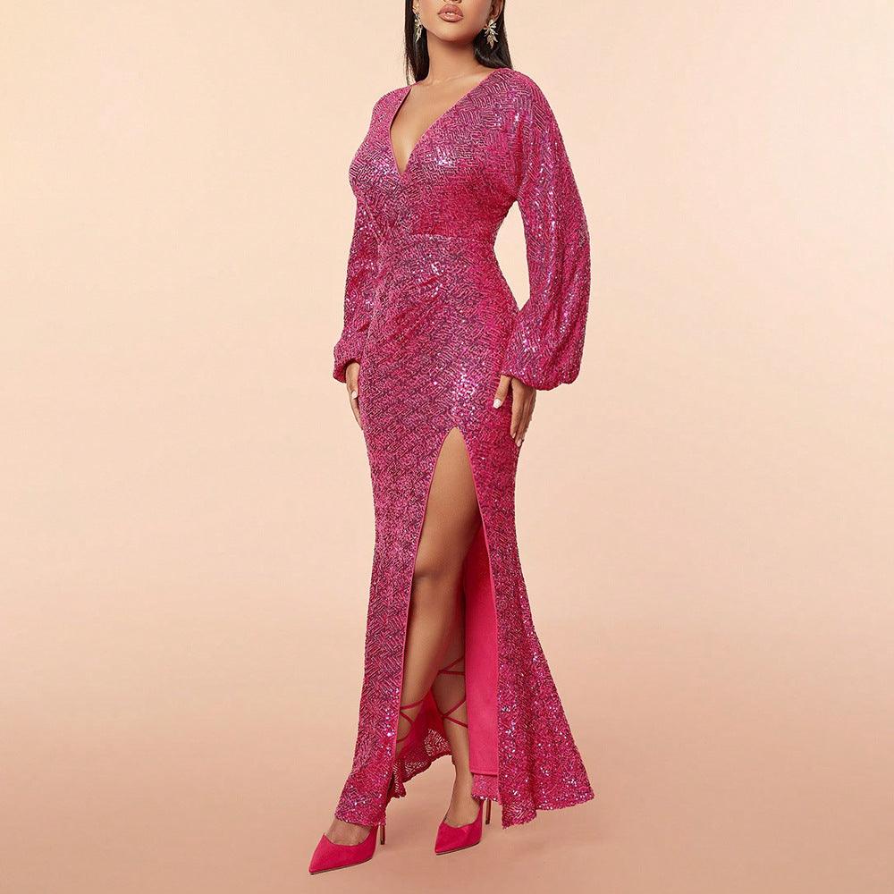 Sequined Deep V Plunge Split Long Sleeve Maxi Gown Dress - Modestly Vogue 