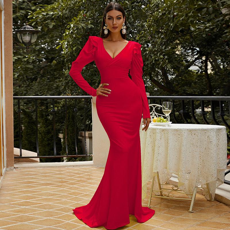 V neck Long Sleeve Hepburn Sheath Dress - Modestly Vogue 