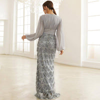 Wedding V neck Long Sleeve Chinese High Waist Blue Sequined Tassel Dress - Modestly Vogue 