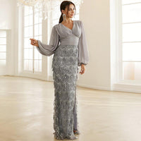 Wedding V neck Long Sleeve Chinese High Waist Blue Sequined Tassel Dress - Modestly Vogue 