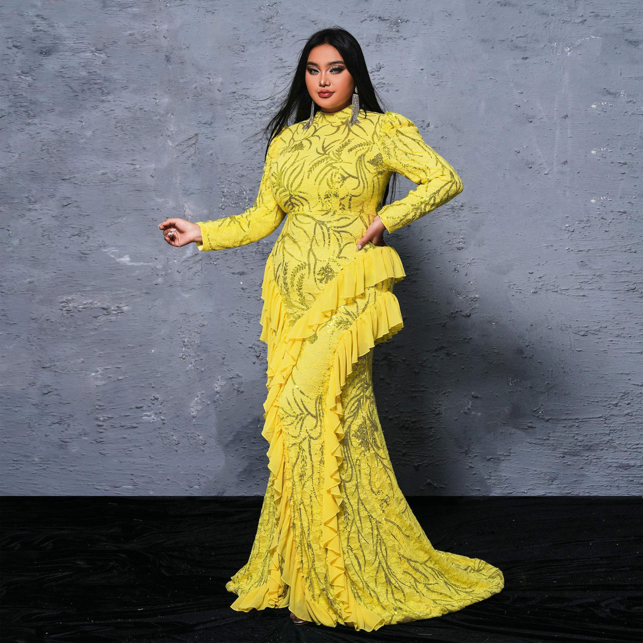 Long Sleeve Yellow Round Neck Cocktail Sequined Fishtail Dress - Modestly Vogue 