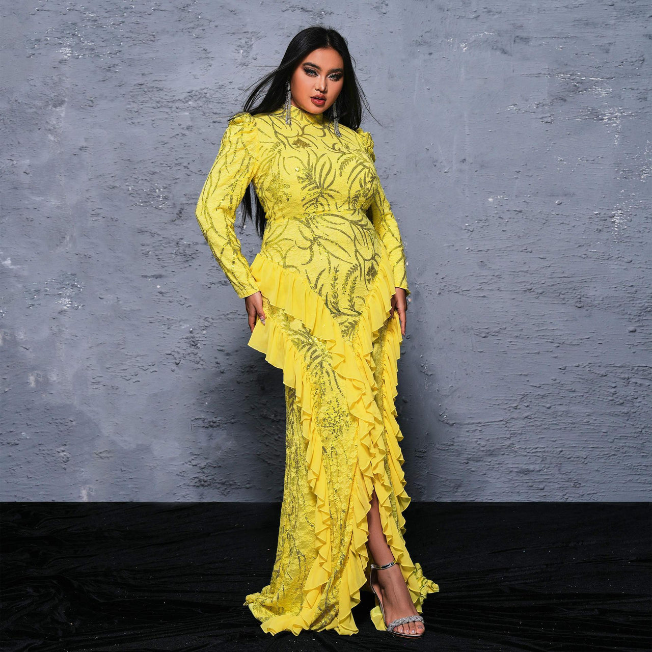 Long Sleeve Yellow Round Neck Cocktail Sequined Fishtail Dress - Modestly Vogue 