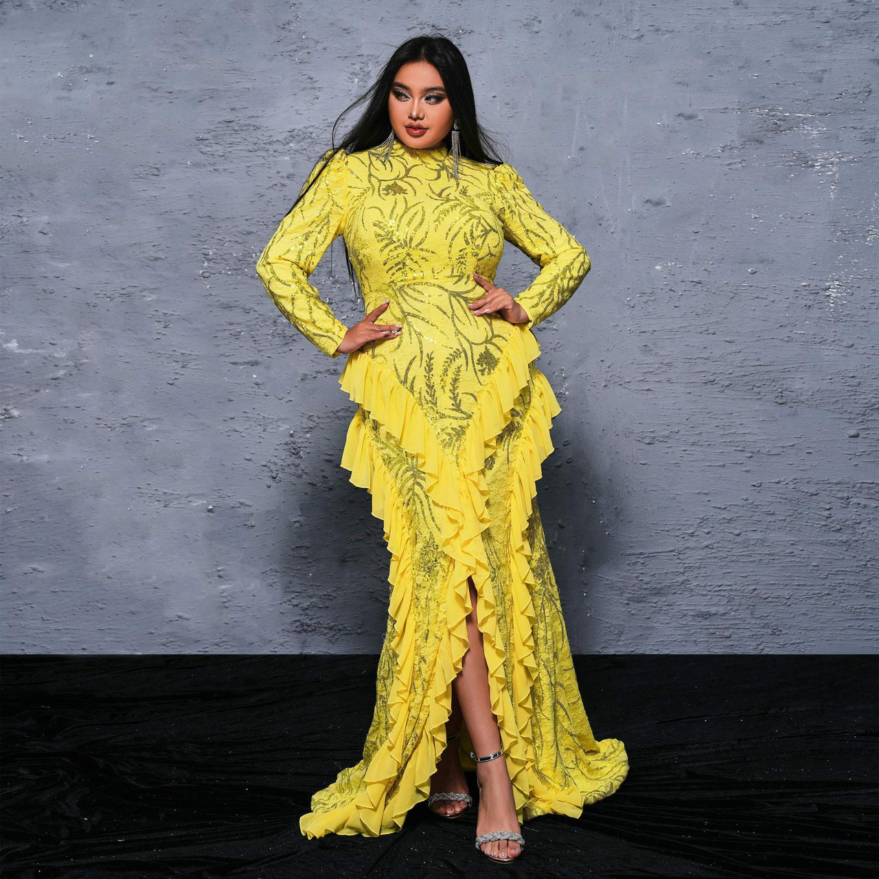 Long Sleeve Yellow Round Neck Cocktail Sequined Fishtail Dress - Modestly Vogue 