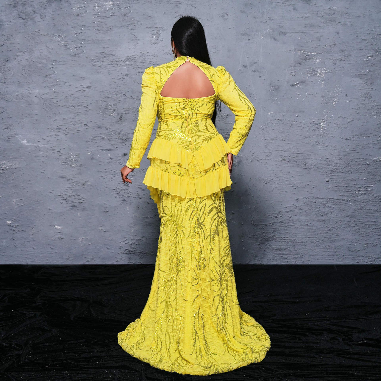 Long Sleeve Yellow Round Neck Cocktail Sequined Fishtail Dress - Modestly Vogue 