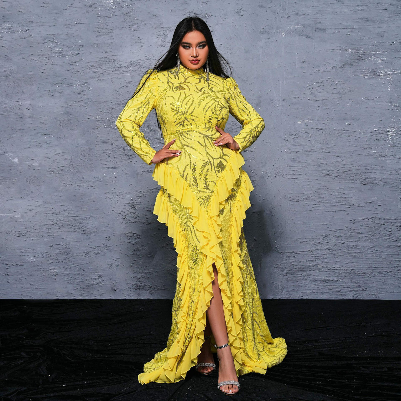 Long Sleeve Yellow Round Neck Cocktail Sequined Fishtail Dress - Modestly Vogue 