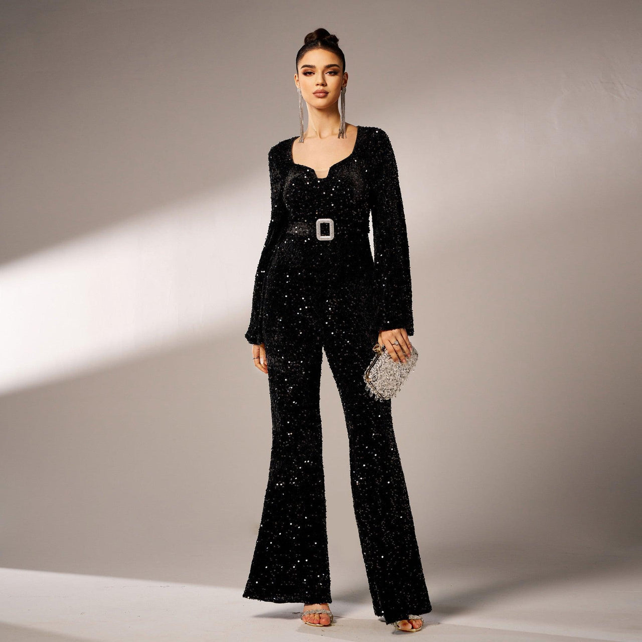 Long Sleeve Square Neck Slim Fit Sheath Cocktail Sequined Jumpsuit - Modestly Vogue 