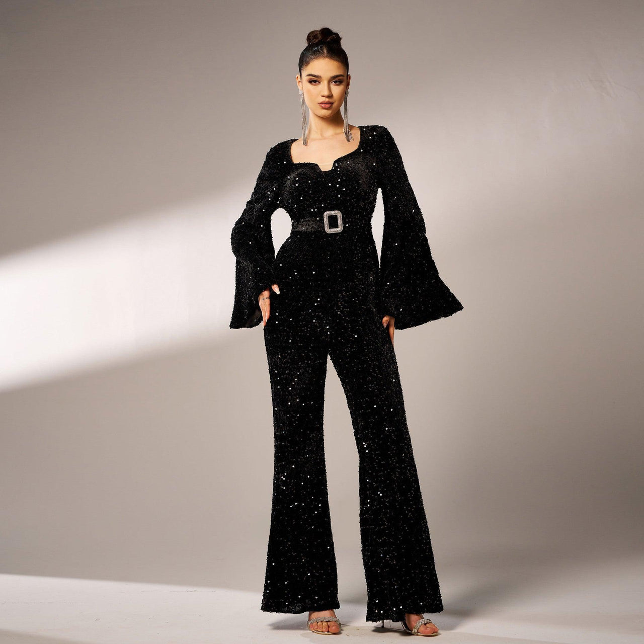 Long Sleeve Square Neck Slim Fit Sheath Cocktail Sequined Jumpsuit - Modestly Vogue 