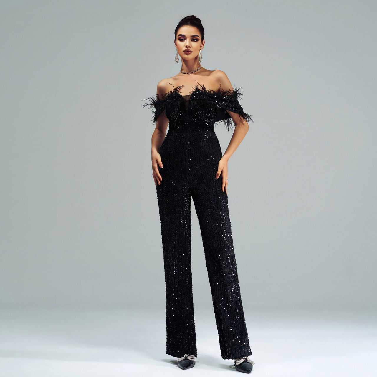 Off Shoulder Sequined Cocktail Jumpsuit - Modestly Vogue 