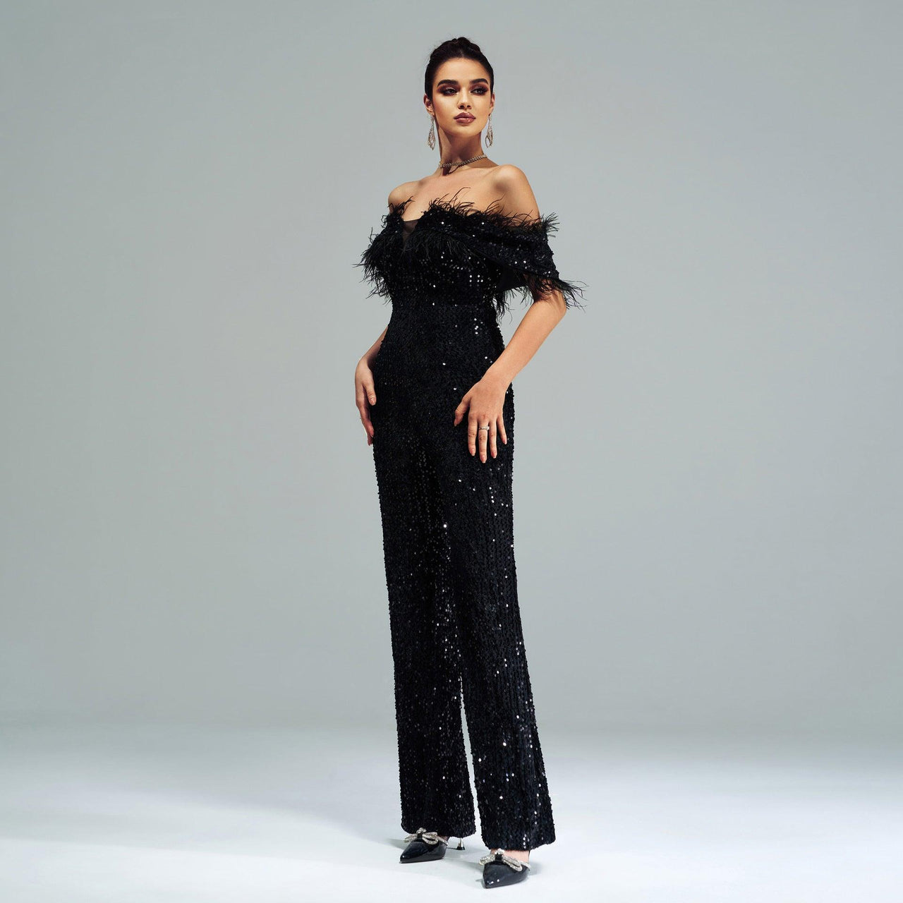 Off Shoulder Sequined Cocktail Jumpsuit - Modestly Vogue 