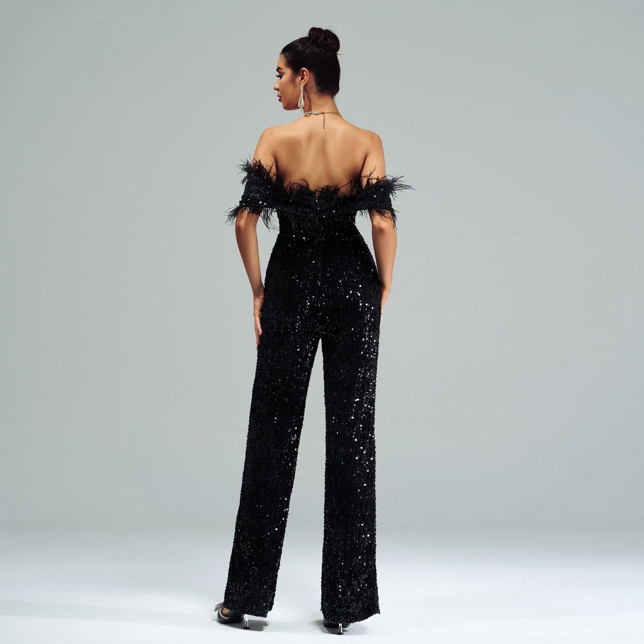 Off Shoulder Sequined Cocktail Jumpsuit - Modestly Vogue 