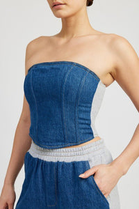 Denim MIXED MEDIA BUSTIER TOP - Modestly Vogue 