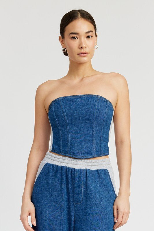 Denim MIXED MEDIA BUSTIER TOP - Modestly Vogue 