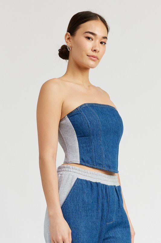 Denim MIXED MEDIA BUSTIER TOP - Modestly Vogue 