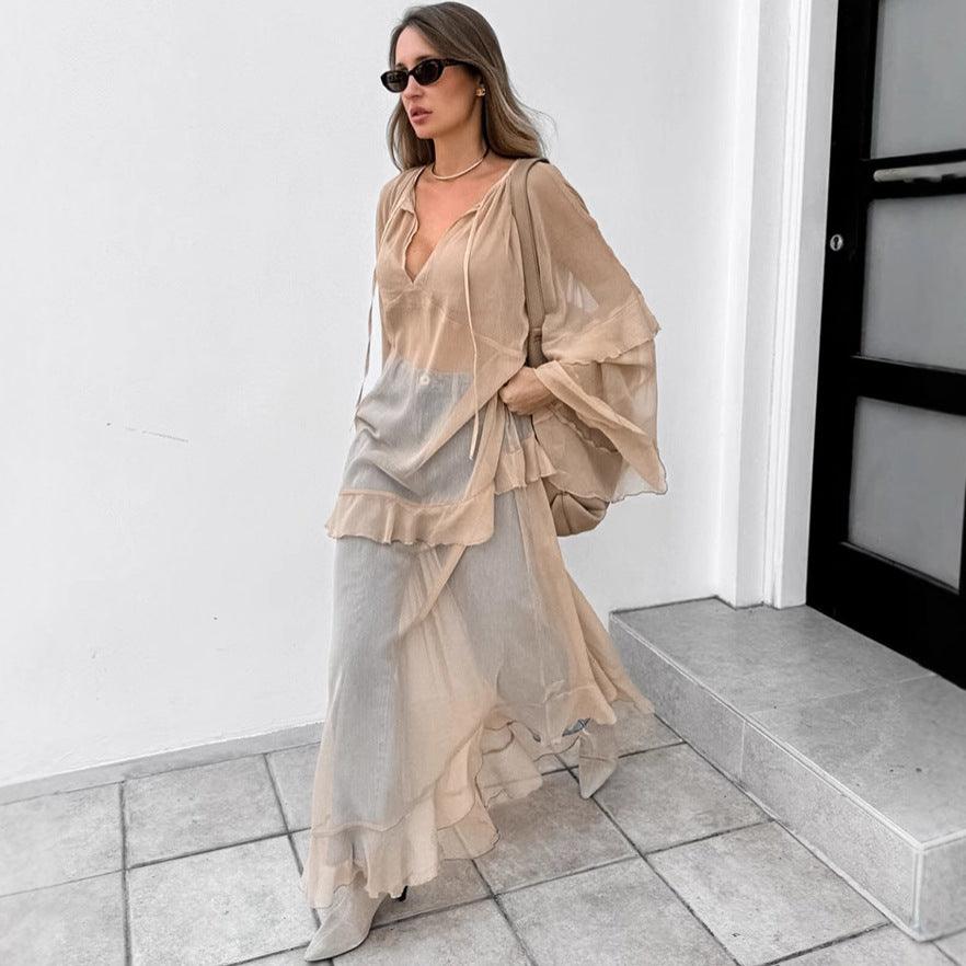 Khaki Batwing Sleeve Dress –Kimono Maxi Blouse Dress Women - Modestly Vogue 