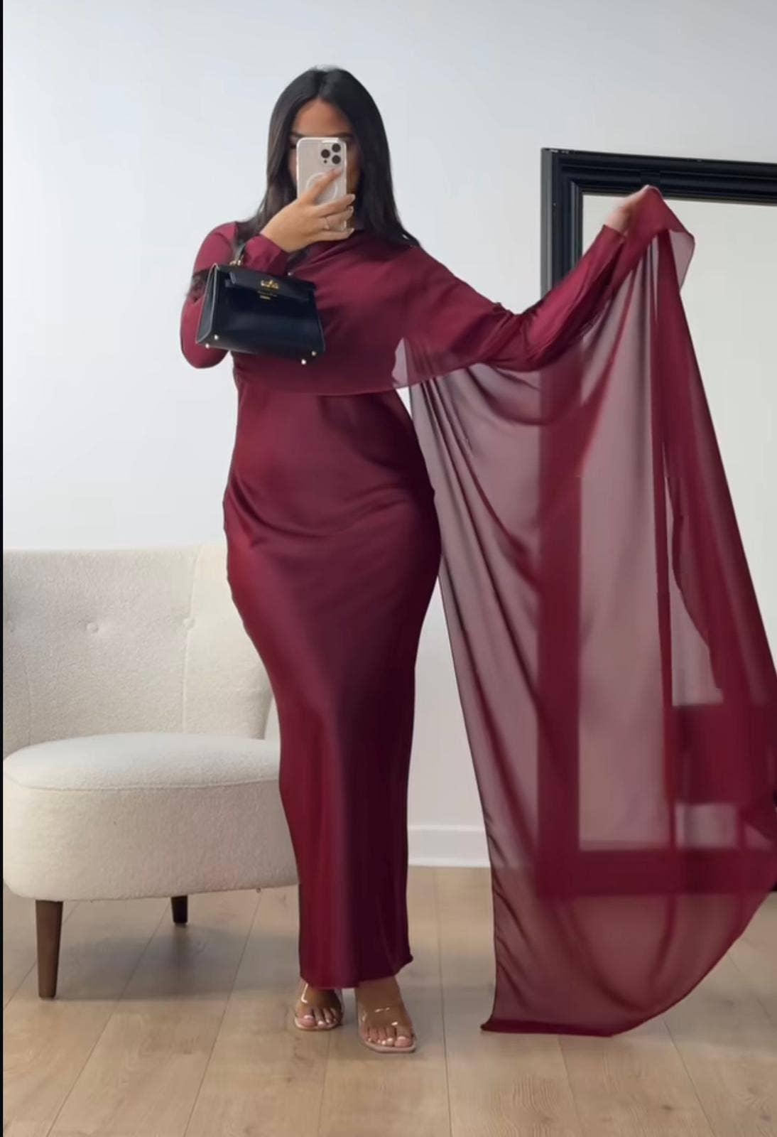 Elegant Long Satin Dress – Modest Fashion Collection | One Size Fits Most - Modestly Vogue 