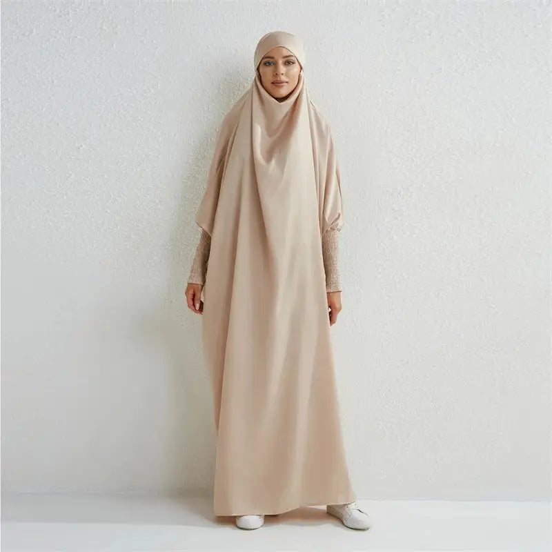 Muslim Abaya Hooded Smocking Sleeve One-piece Prayer Dress Women - Modestly Vogue 