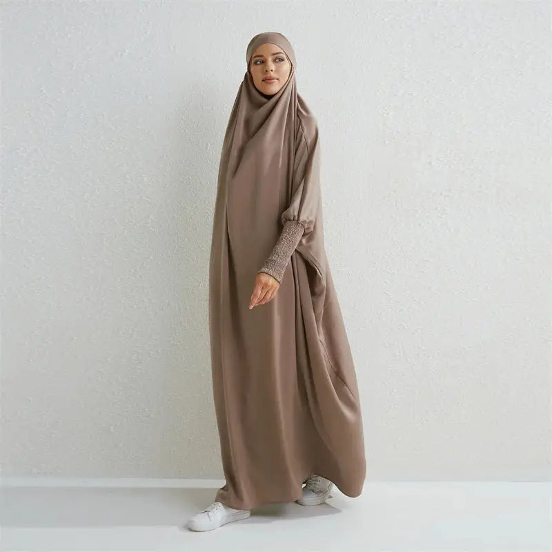 Muslim Abaya Hooded Smocking Sleeve One-piece Prayer Dress Women - Modestly Vogue 