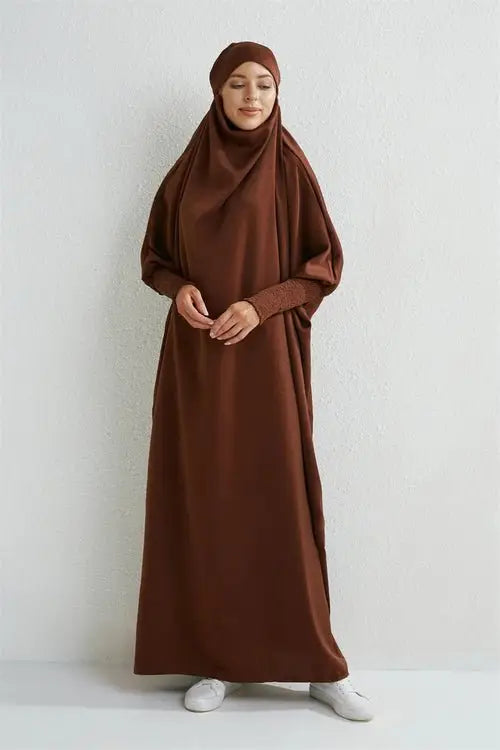 Muslim Abaya Hooded Smocking Sleeve One-piece Prayer Dress Women - Modestly Vogue 