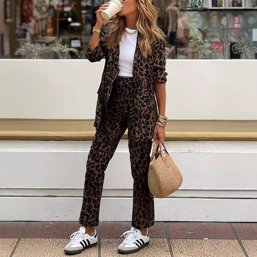 Modestly Vogue Autumn Winter Women Leopard Print Casual Cardigan Coat Work Pant Sets - Modestly Vogue 