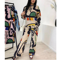 Bold & Autumn Winter Women’s Two-Piece Set – Printed Graffiti Long Sleeve Shirt & Straight Leg Pants | - Modestly Vogue 