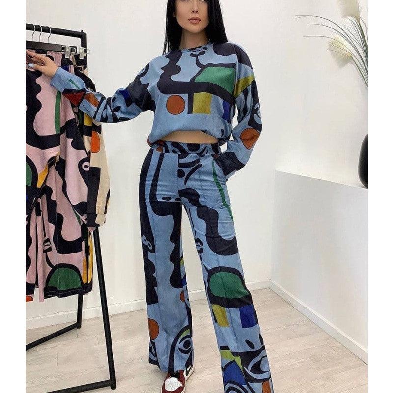 Bold & Autumn Winter Women’s Two-Piece Set – Printed Graffiti Long Sleeve Shirt & Straight Leg Pants | - Modestly Vogue 