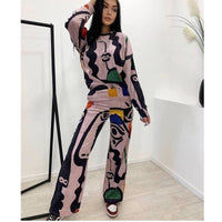 Bold & Autumn Winter Women’s Two-Piece Set – Printed Graffiti Long Sleeve Shirt & Straight Leg Pants | - Modestly Vogue 