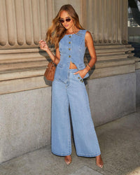 Denim Button Sleeveless Vest Wide Leg Jean Set - Modestly Vogue 