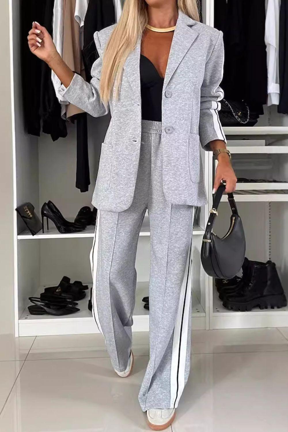 New Arrivals – Fresh, Fashion for Women | Curvy Fit | & Plus-Size Clothing | Full Size Contrast Lapel Collar Top and Pants Set - Modestly Vogue 