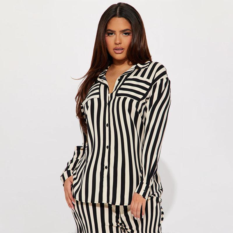 Women Striped Button Shirt & Trousers Set | & Two Piece Casual Set - Modestly Vogue 