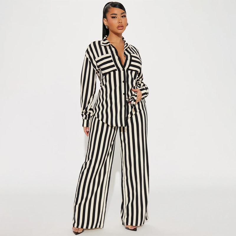 Women Striped Button Shirt & Trousers Set | & Two Piece Casual Set - Modestly Vogue 