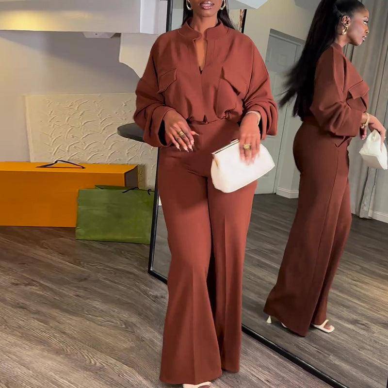 New Arrivals – Fresh, Fashion for Women | Curvy Fit | & Plus-Size Clothing | Women’s Spring Casual V-Neck Long Sleeve Top & Wide Leg Trousers Suit - Modestly Vogue 