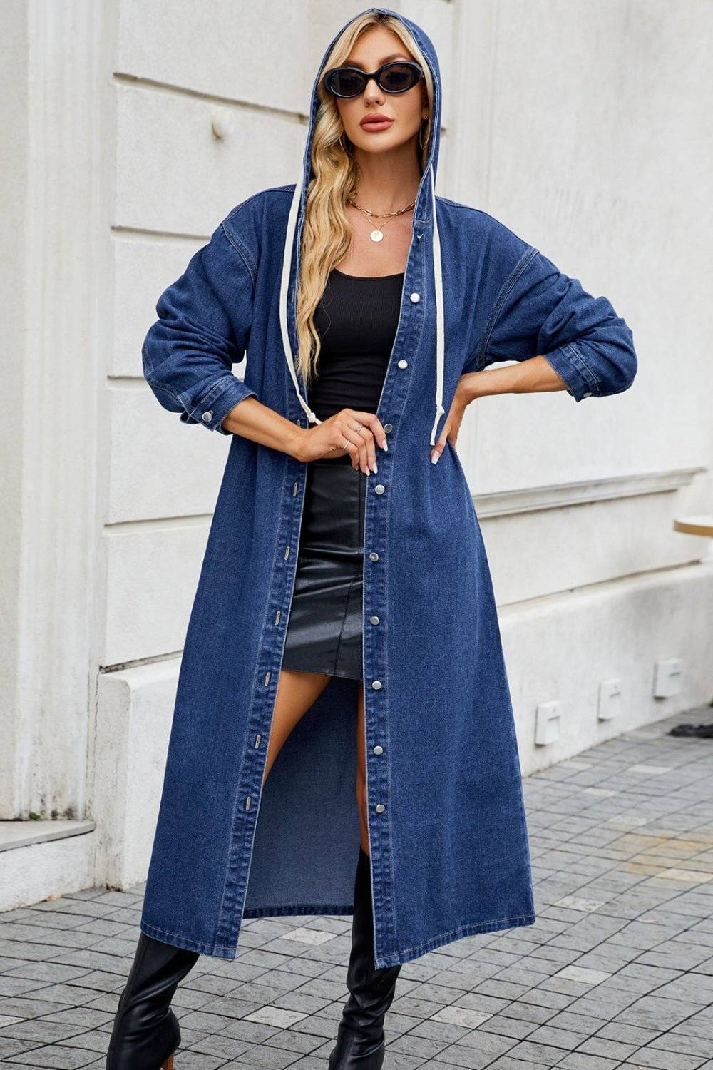 Denim Button Up Long Sleeve Longline Hooded Outerwear - Modestly Vogue 