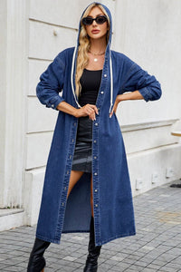 Denim Button Up Long Sleeve Longline Hooded Outerwear - Modestly Vogue 