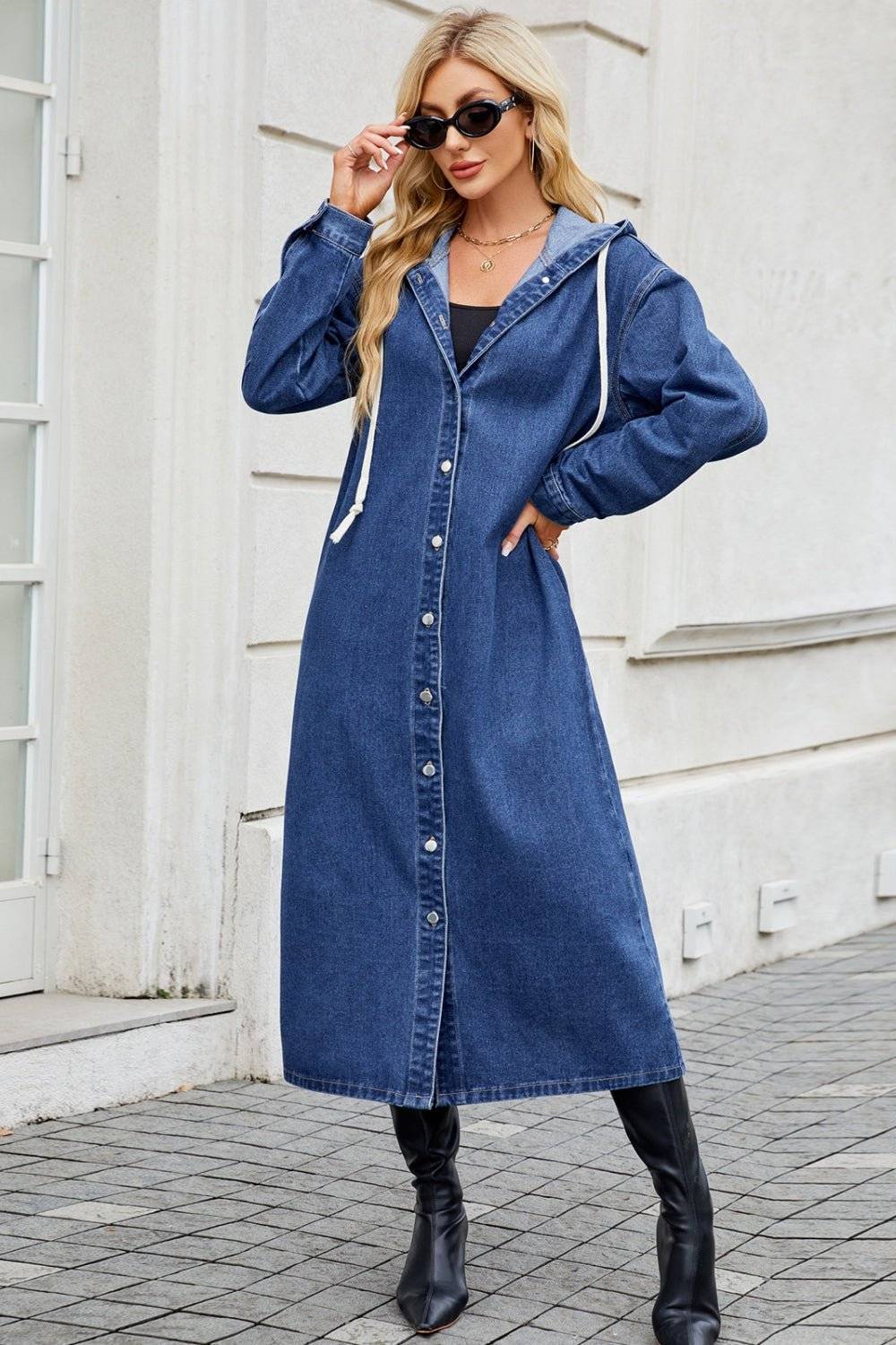 Denim Button Up Long Sleeve Longline Hooded Outerwear - Modestly Vogue 