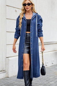 Denim Button Up Long Sleeve Longline Hooded Outerwear - Modestly Vogue 