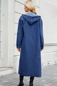 Denim Button Up Long Sleeve Longline Hooded Outerwear - Modestly Vogue 